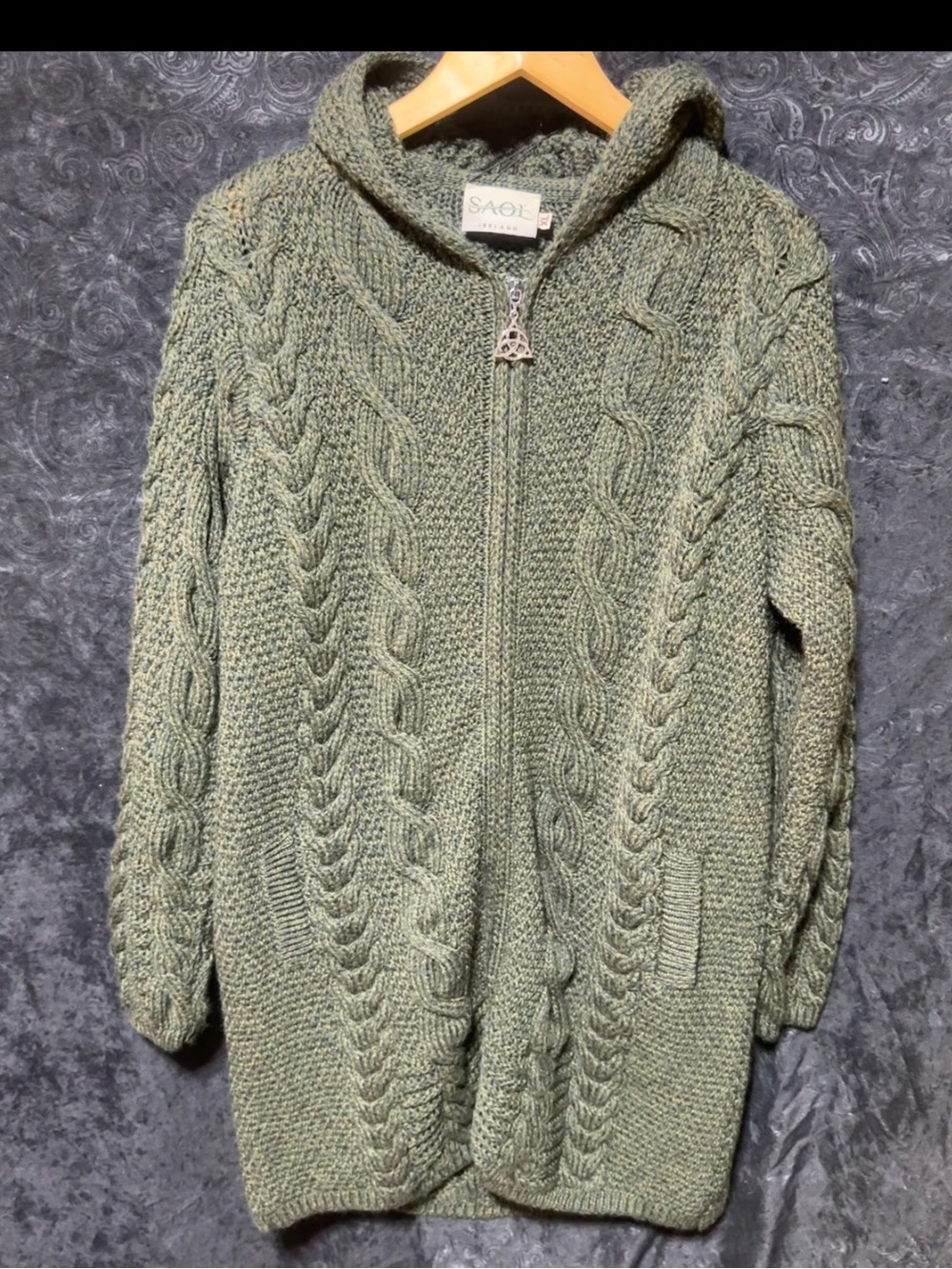 NWOT SAOL Olive Green Cable Knit Hooded Zip Sweater Women XL
